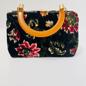 Vintage Beautiful Tapestry Floral 1960’s Grandmacore Handbag Amber Color Handle